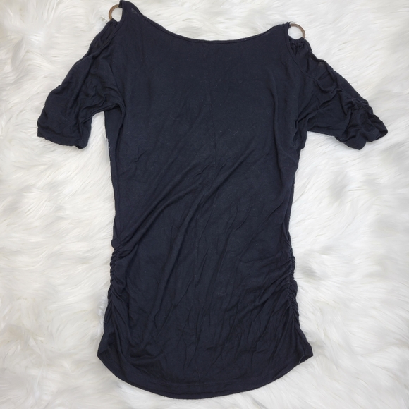 Umgee cold shoulder rushed side soft strechy gold rings top - Picture 2 of 5